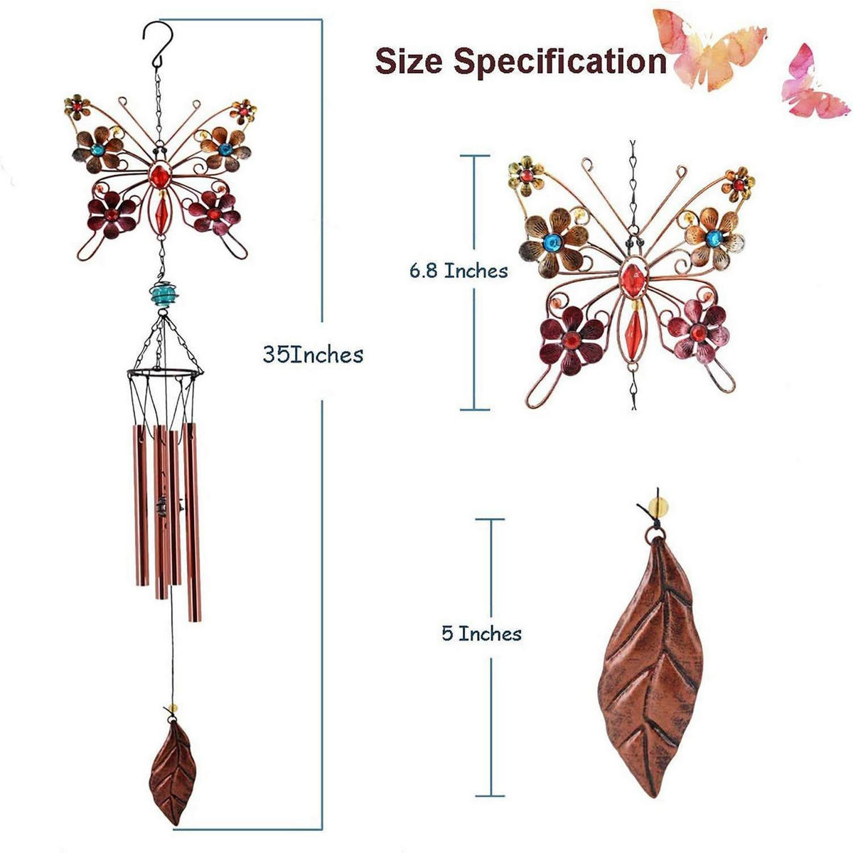 WINDSPIEL Schmetterling Metall Buntglas 56 cm - Multicolor, Metall (88.9/17.3/1cm)