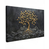 LEINWANDBILD Blätter - Gold - Baum - Fels Wohnzimmer Groß 120x80 cm - Schwarz, Textil (120/80cm) - MuchoWow