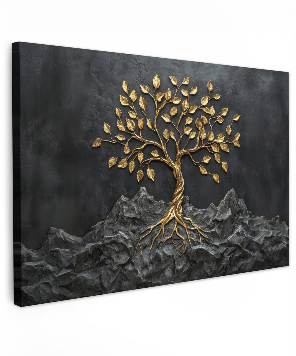 LEINWANDBILD Blätter - Gold - Baum - Fels Wohnzimmer Groß 120x80 cm - Schwarz, Textil (120/80cm) - MuchoWow