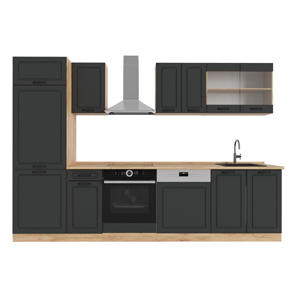 KÜCHENZEILE R-Line Anthrazit Landhaus/Goldkraft Eiche 300 cm , AP Eiche - Honigeiche/Anthrazit, Holzwerkstoff (300/206.8/60cm) - Vicco