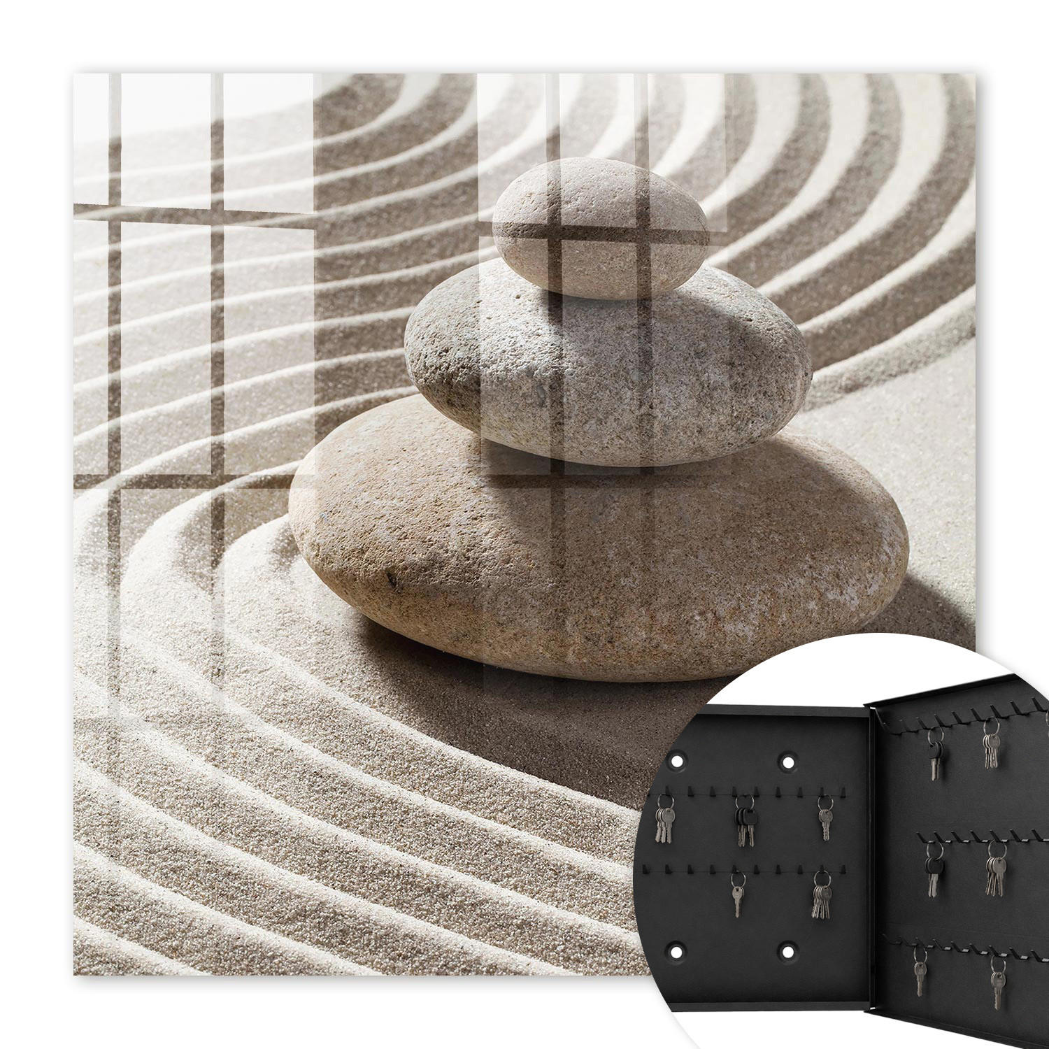 SCHLÜSSELBOX Schwarz 30x30 cm- Türöffnung nach rechts - Zen-Komposition - Beige, Metall (30/30/5cm) - TULUP