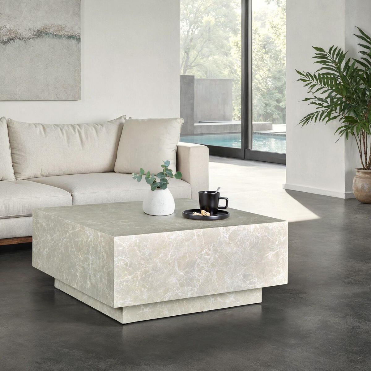 COUCHTISCH Lasley,inkl. Bodenschoner, Belastbarkeit 45 kg,Travertin Optik - Beige, Holz (80/80/35cm) - tectake