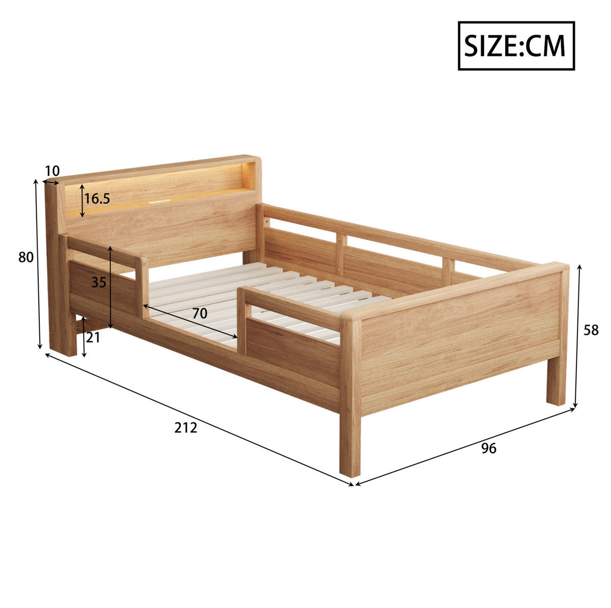 KINDERBETT 90/200 cm mit LED-Leuchte, USB- und Type-C-Anschluss, Kopfteil mit Ablage und Seitengittern, farbe - Naturfarben, Holzwerkstoff (90/200cm) - Redom