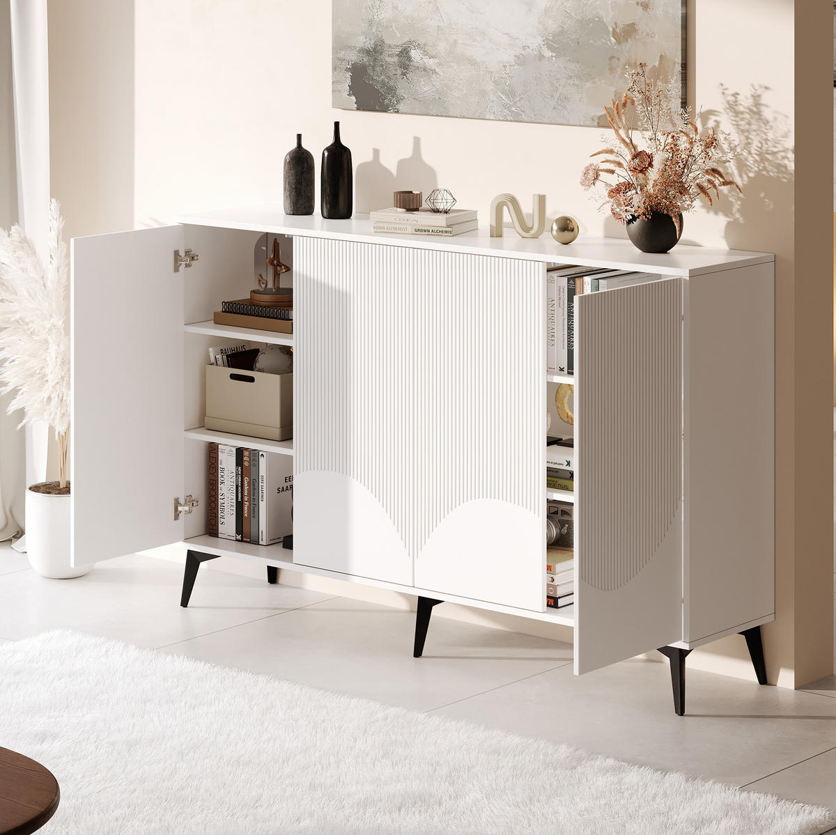 SIDEBOARD 160/35/100 cm Weiß aus Spanplatte und Metall mit verstellbaren Einlegeböden - Weiß, Holzwerkstoff (35/100/160cm) - OKWISH