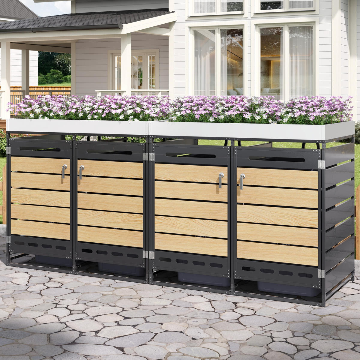 MÜLLTONNENBOX Pflanzkasten Holzoptik horizontal Schloss - Schwarz, Metall (262/120/79cm) - LEBENLANG