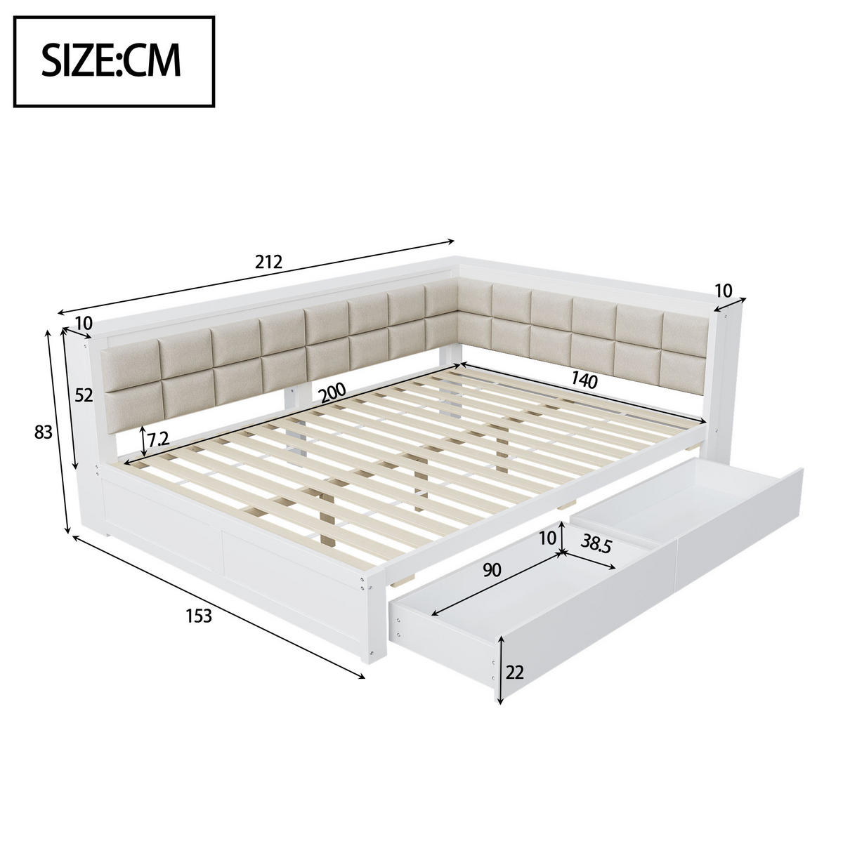 KREVET 140/200 cm s mekanim uzglavljem, 2 ladice za pohranu i čvrstim okvirom, Bijela - bijela, drvni materijal (153/83/212cm) - Redom