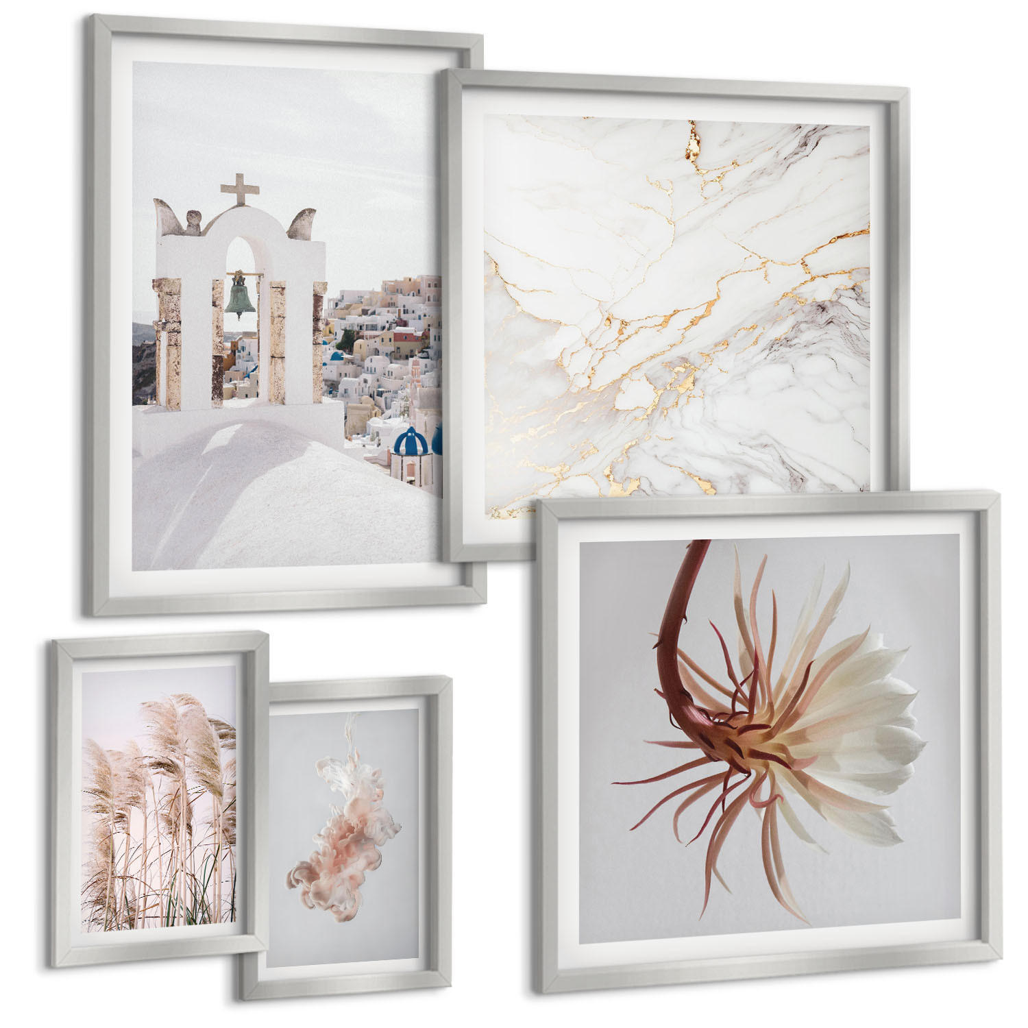 BILDER SET 5er Set - 50x50 cm & 20x30 cm & 40x60 cm Silberner Rahmen - Grasfelder in Braun- und Beigetönen - Silberfarben, Kunststoff (40/60cm) - TULUP