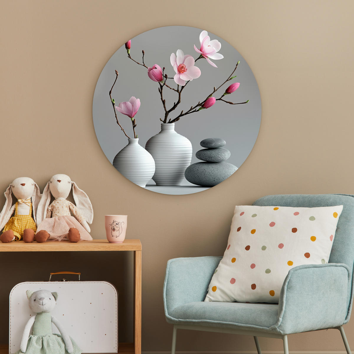 WANDBILD Magnolie - Blumen - Rosa - Zen-Steine 60x60 cm - Hellgrau, Kunststoff (60/60cm) - MuchoWow