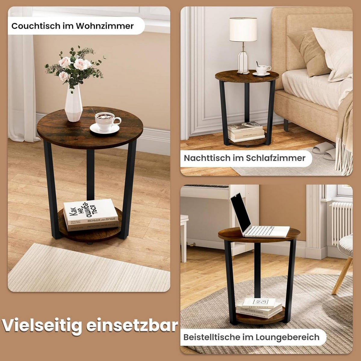 COUCHTISCH rund, mit 2 Ablagen, Rustikales Braun - Nussbaumfarben, Holzwerkstoff/Metall (50/50/53cm) - Woltu