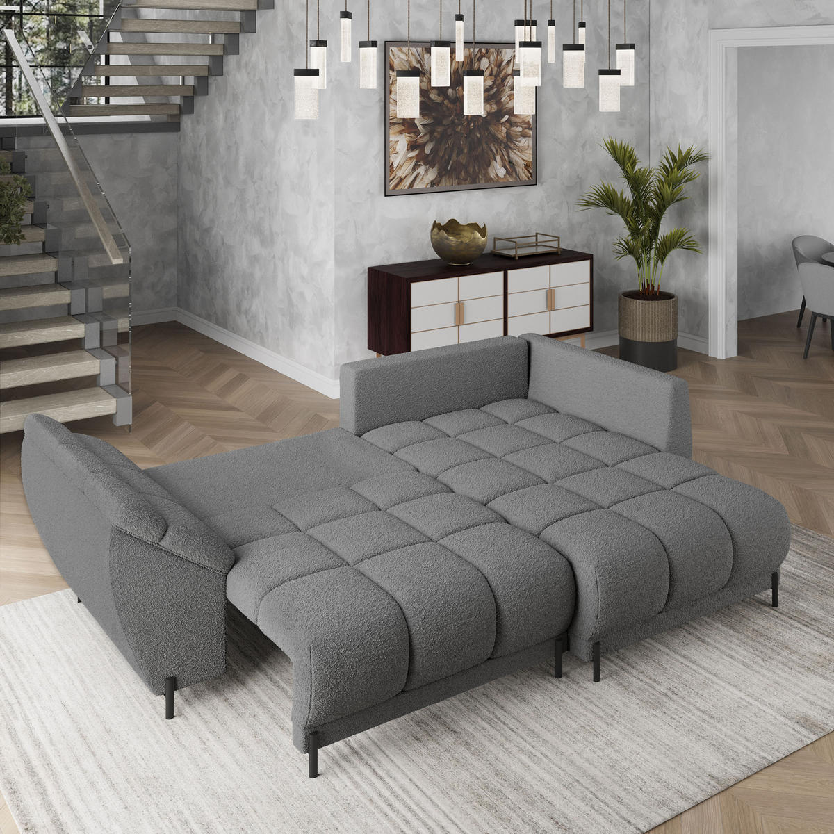 ECKSOFA VESTANO R-S Grau Boucle-Stoff mit Schlaffunktion - Grau, Holz (287/182cm) - MASSENO