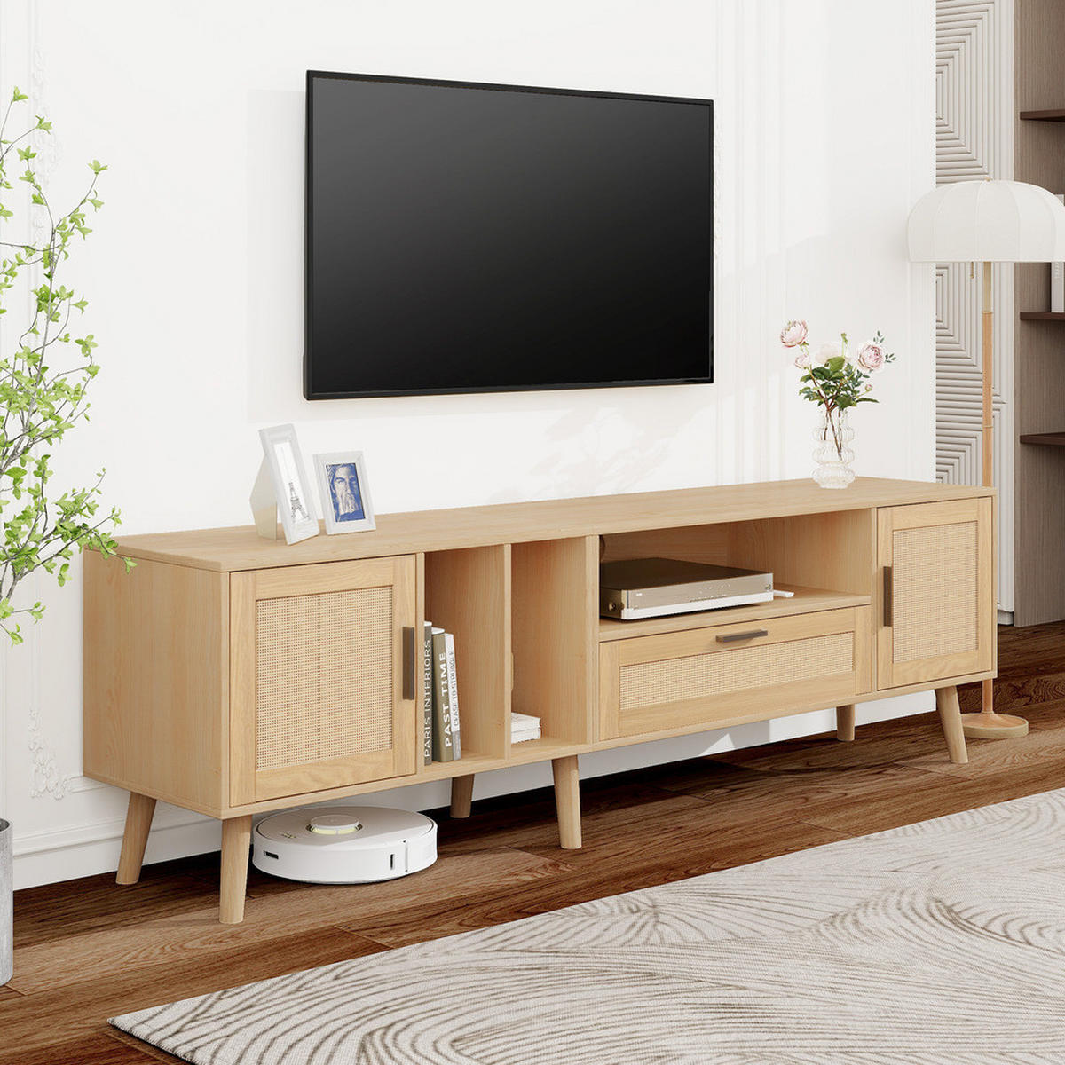 TV-SCHRANK 180cm Rattandekor 2 Türen 1 Schublade Massivholzbeine bis 80 Zoll - Braun, Holz (40/16/92cm) - FLIEKS
