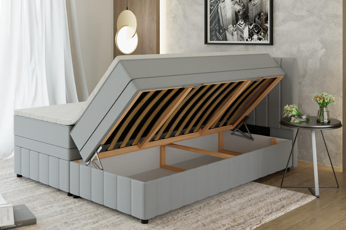 BOXBETT AVALON 180 x 200 cm mit Bettkasten und Topper - Hellgrau - Hellgrau, Holz - Panda Möbel