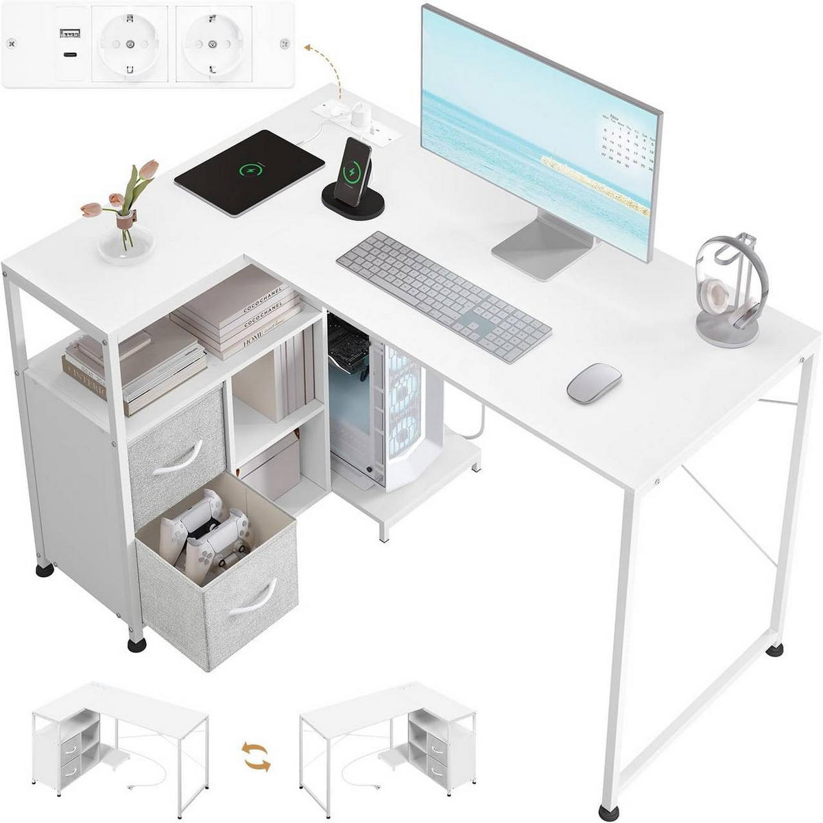 ECKSCHREIBTISCH L-Form, mit Steckdosen, Weiß - Weiß, Holzwerkstoff/Textil (80/120/76cm) - Woltu