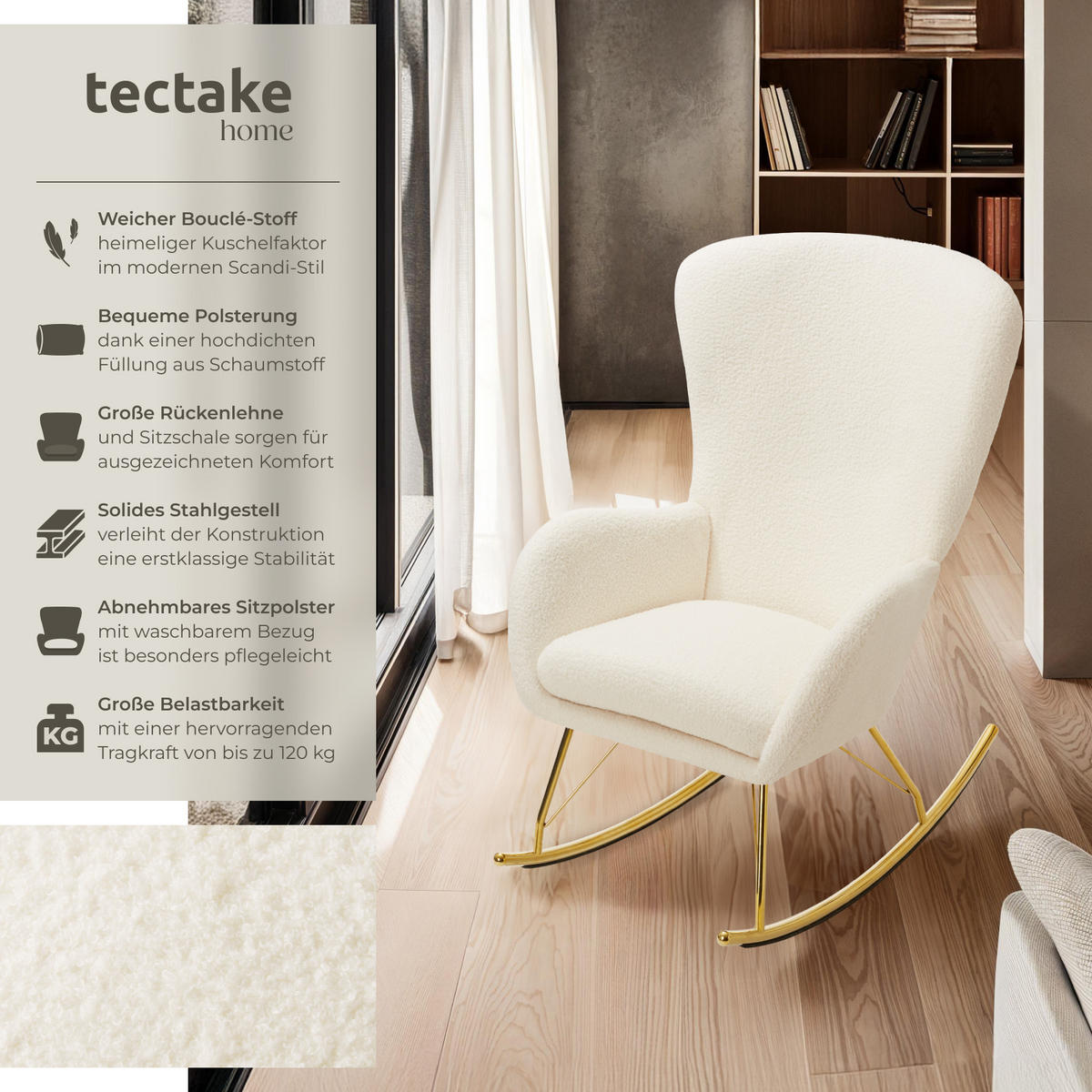 SCHAUKELSTUHL Swing,70 x 93 x 100 cm, Belastbarkeit 120 kg,creme/gold - Goldfarben/Creme, Kunststoff (70/100/93cm) - tectake