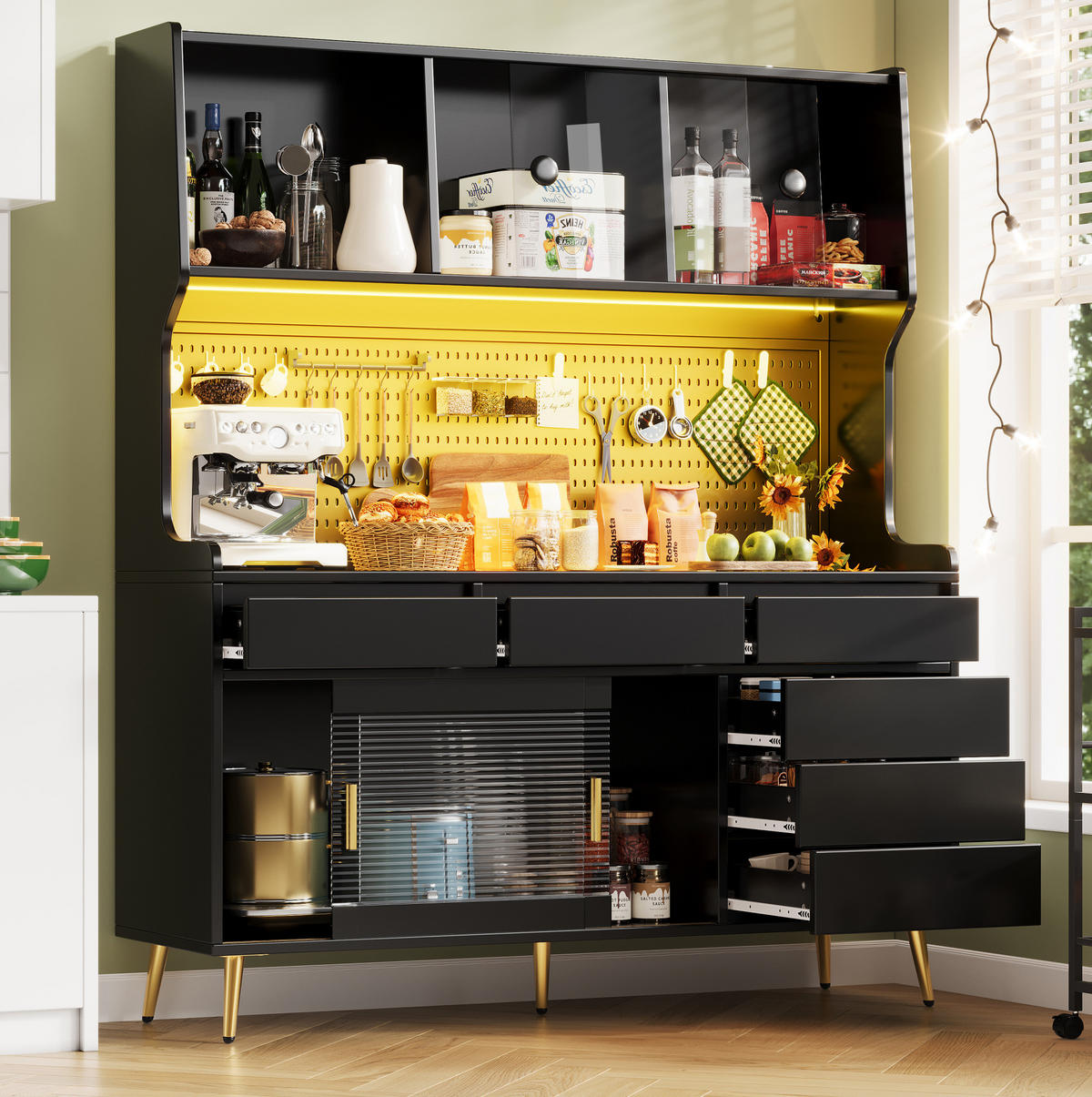 BUFFETSCHRANK 145/39/171 cm mit LED-Beleuchtung, App-Steuerung, Schiebetüren und geriffelter Glasfront, Schwarz - Schwarz, Holzwerkstoff (145/171/39cm) - Redom