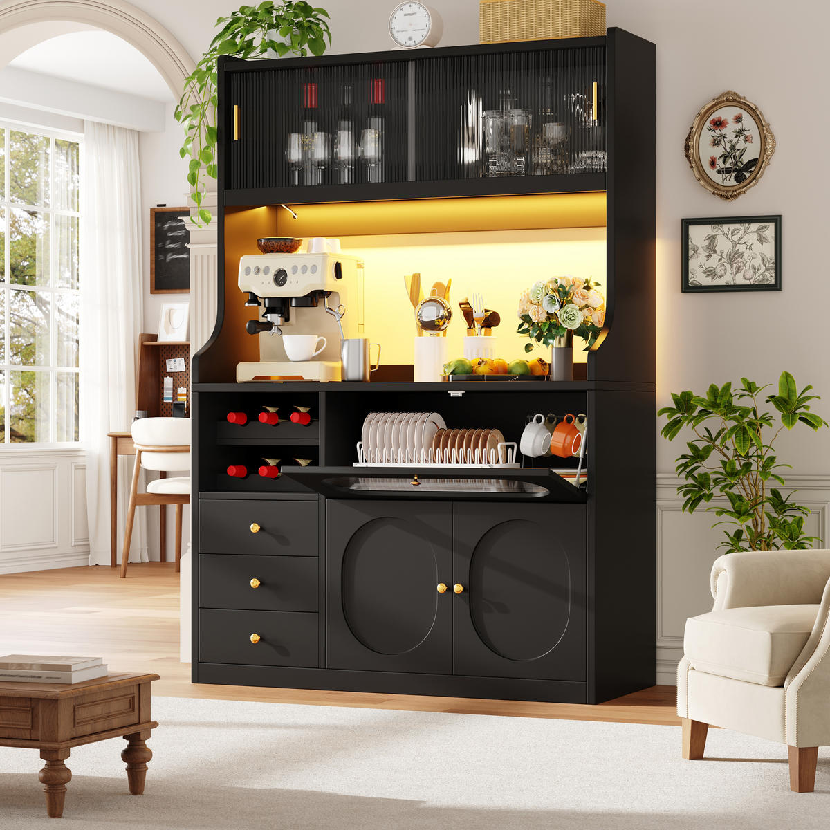 BUFFET DE-38487 120/40/180 cm mit LED-Beleuchtung und Weinregal Schwarz - Schwarz, Holzwerkstoff (120/180/40cm) - ComfortXL