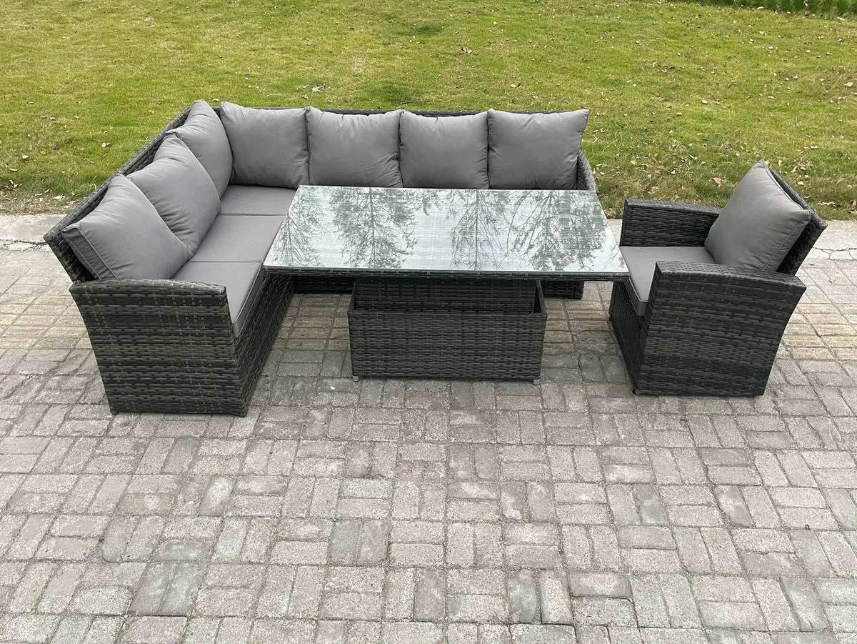 GARTENSET mit Höhenverstellbarer Tisch, Stuhl Polyrattan Dunkelgrau 7-Sitzer - Dunkelgrau/Grau, Glas/Kunststoff - Fimous