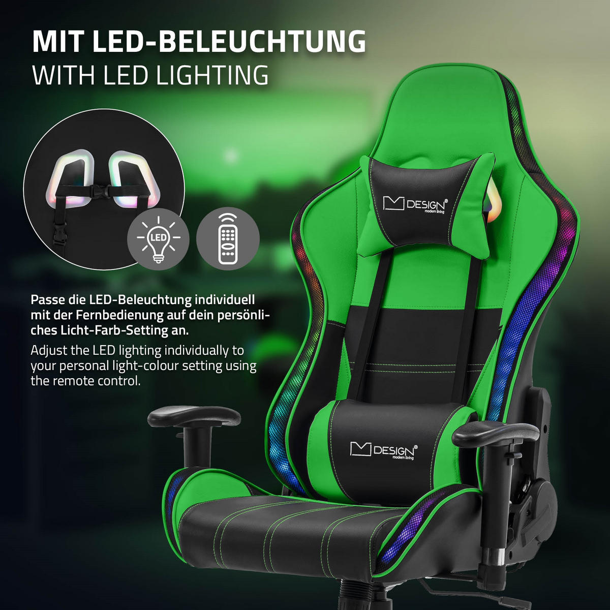 GAMINGSTUHL mit RGB Licht und Lautsprecher, Grün, aus Kunstleder - Schwarz/Grün, Kunststoff/Metall (68/132/66cm) - ML-DESIGN