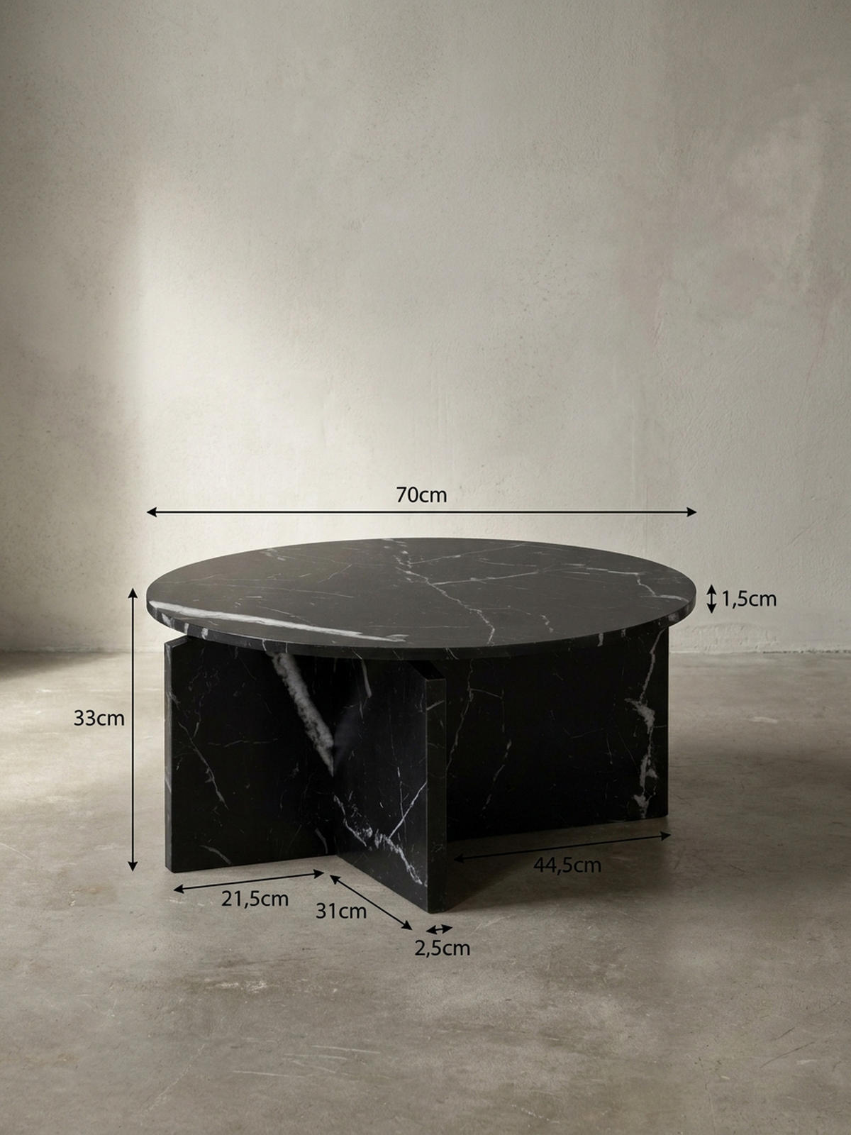COUCHTISCH rund in Stein-Optik – modernes Design in Großformat, Schwarz 70x70x33 cm - Schwarz, Holzwerkstoff (70/70/33cm) - KADIMA DESIGN