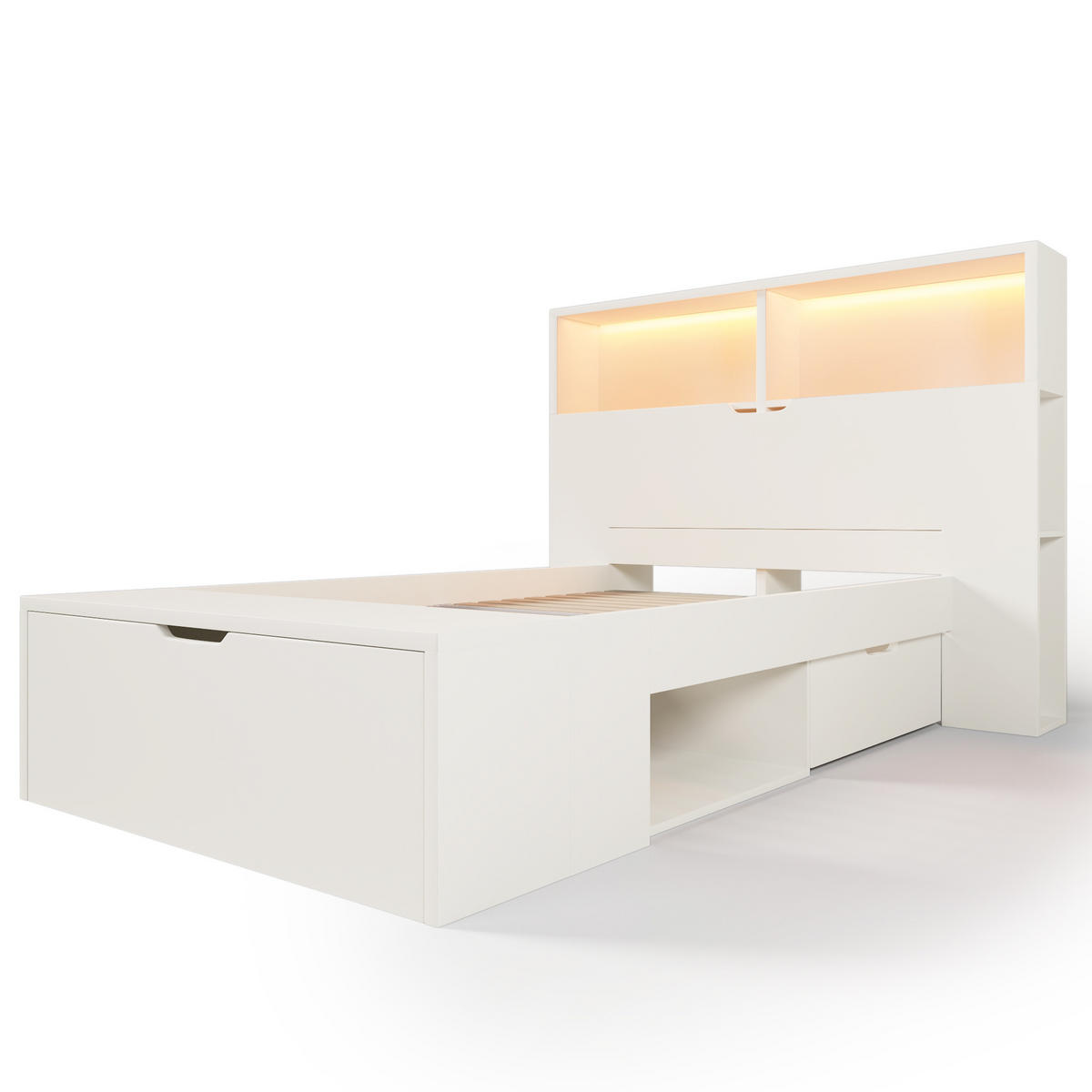 KINDERBETT Kindereinzelbetten 90/200 cm mit LED-Beleuchtung, USB-Anschlüssen, Schubladen, Regalen und Bettbank, Weiß - Weiß, Holzwerkstoff (90/200cm) - Redom