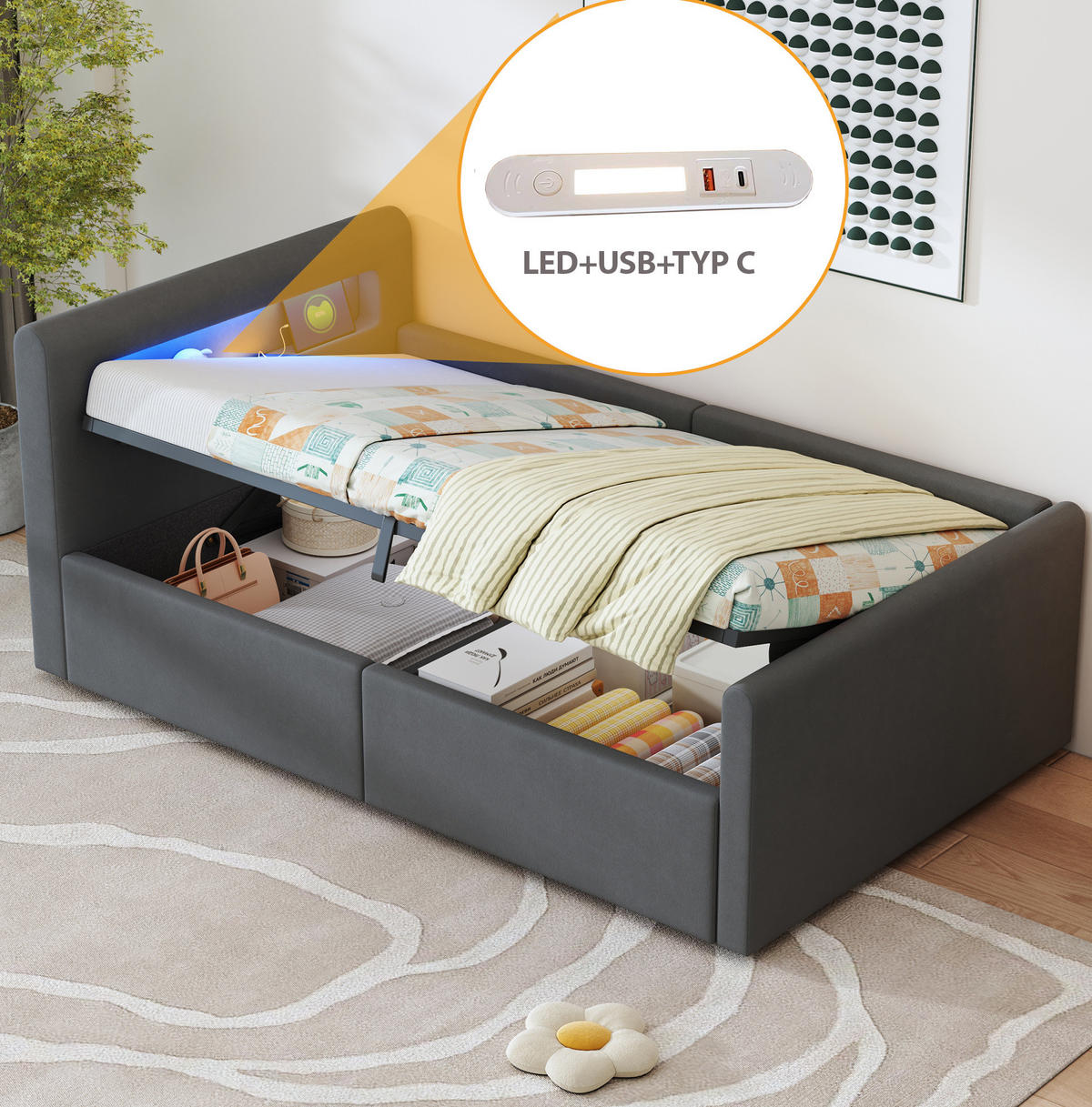 KINDERBETT 90/200 cm mit LED-Beleuchtung, Nachtlicht, USB und hydraulischem Stauraum, Samtstoff Dunkelgrau - Grau, Textil (90/200cm) - Redom