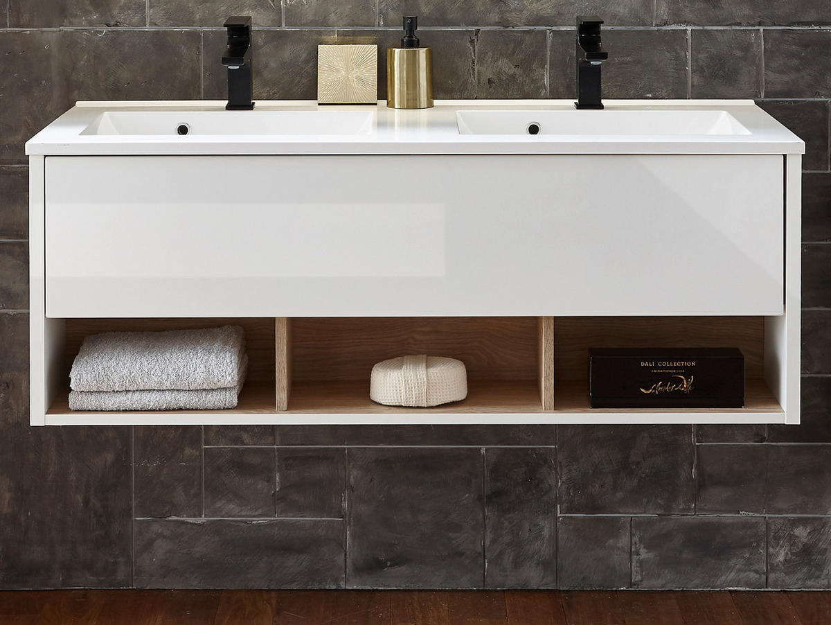 WADSCHTISCHKOMBI weiß Hochglanz und Eiche, Doppelwaschtisch inkl. 2x Waschbecken, Breite 120 cm - Weiß Hochglanz/Eichefarben, Holzwerkstoff (120/44/47cm) - Furn.Design