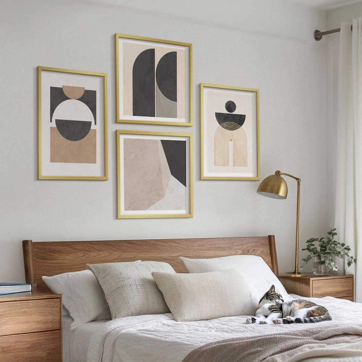 BILDER SET 4er Set - 50x50 cm & 40x60 cm Goldrahmen - Abstrakte Formen beige braun - Goldfarben, Kunststoff (50/50cm) - TULUP