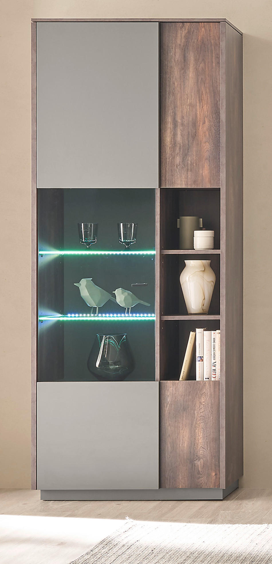 VITRINE Piano in Eiche und grau 80 x 200 cm - Eichefarben/Schwarz, Glas/Holzwerkstoff (80/200/40cm) - Furn.Design
