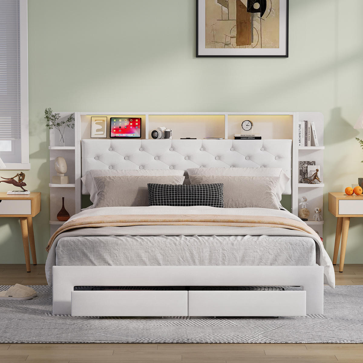 POLSTERBETT 160x200 Cm Velours Mit LED, USB & 2 Schubladen Weiß - Weiß, Holz (160/200cm)