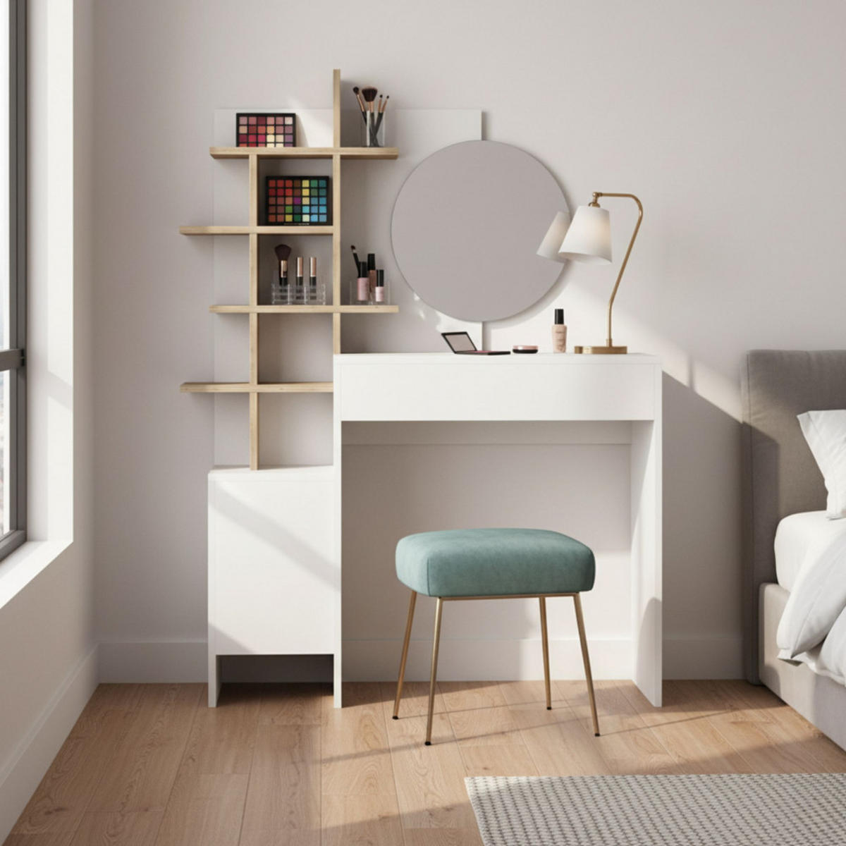 FRISIERTISCH mit 1 Schublade und Spiegel, B71,50 cm - Niya - Weißes und helles Holz - Multicolor, Holz (72/83/35cm) - Drawer