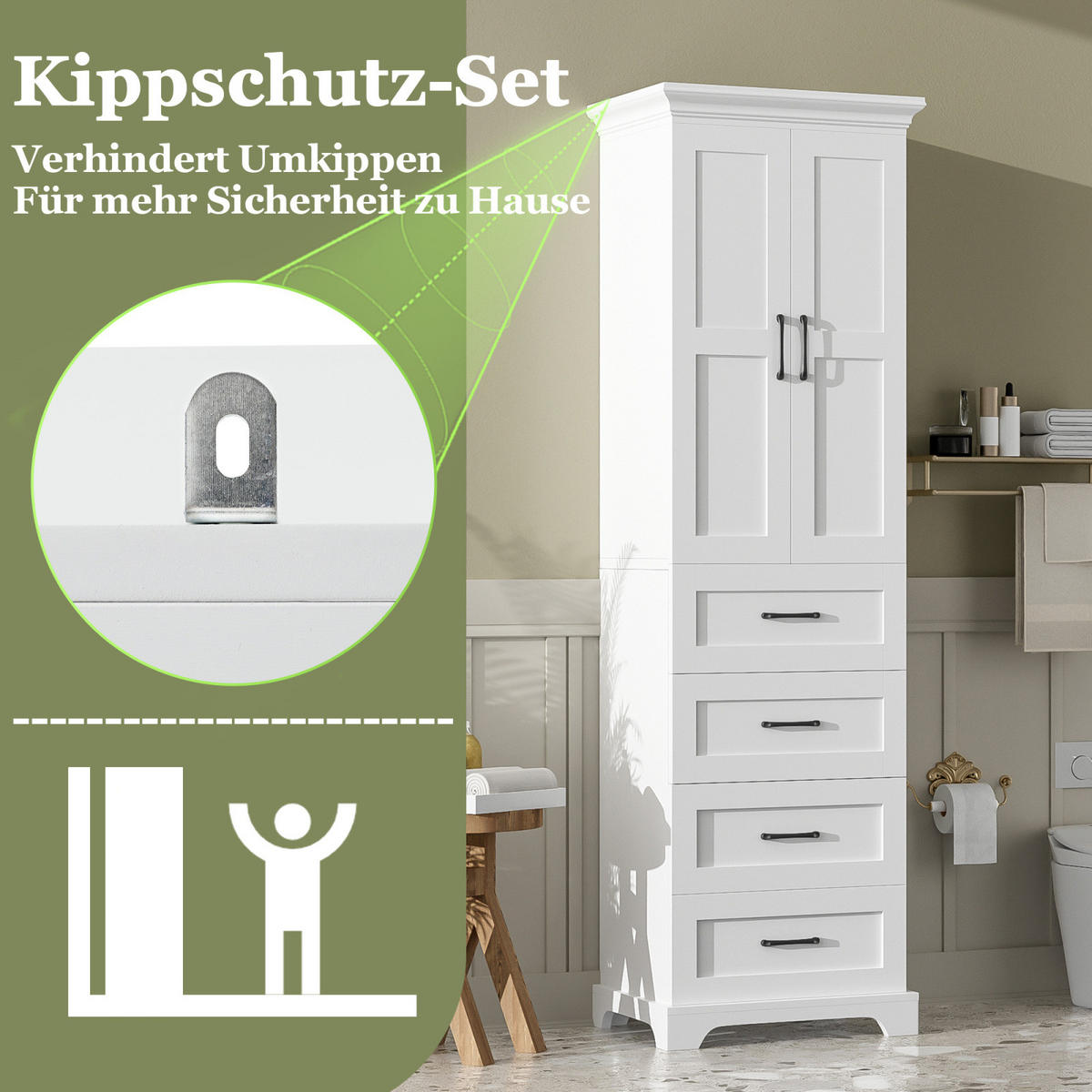 BADEZIMMERSCHRANK mit Schubladen, Einzelschrank, verstellbare Einlegeböden, Soft Close, Weiß - Weiß, Holz (57/180/38cm) - PARAFTA HOME