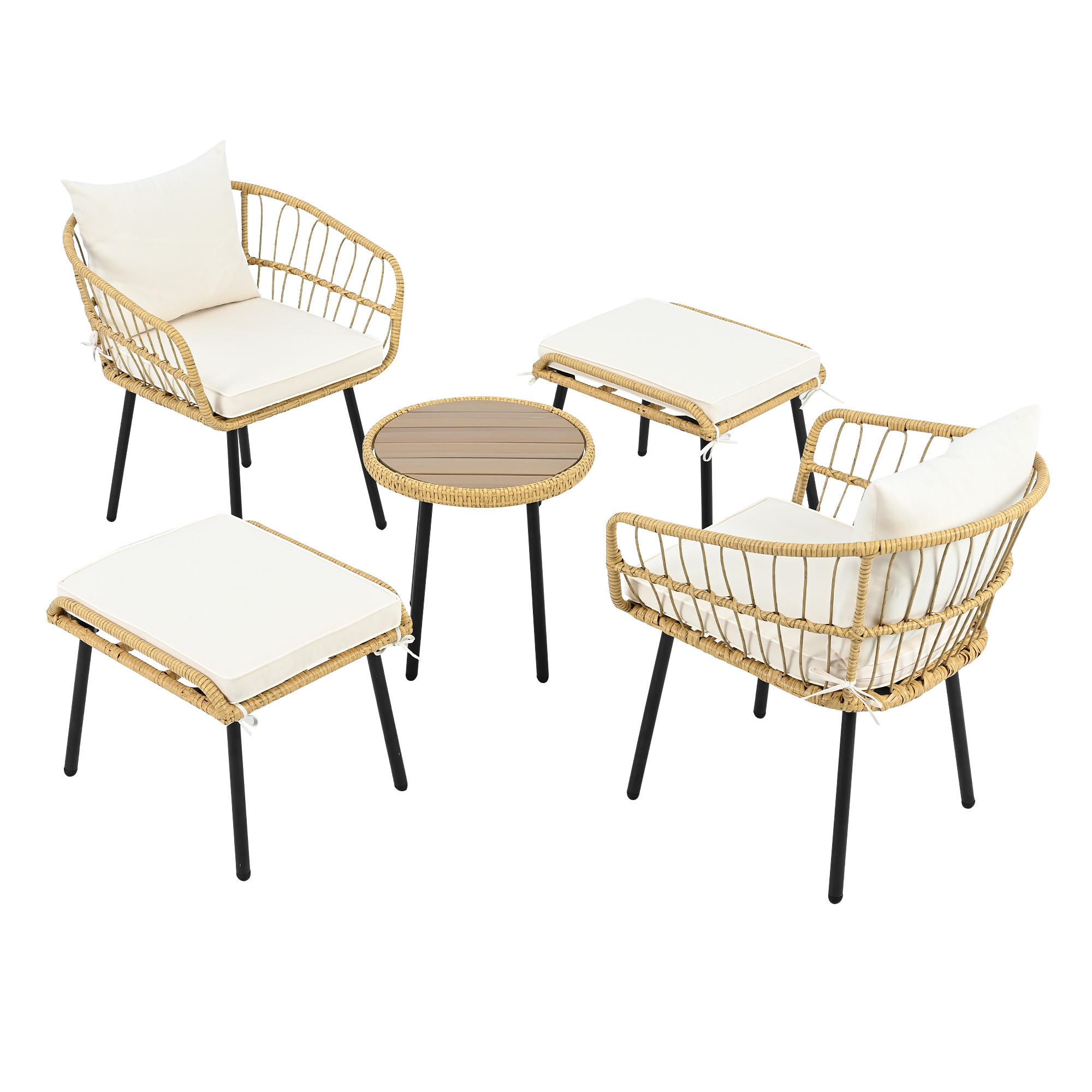 GARTENSETS aus Rattan Natur mit Sitzkissen & verzinktem Eisenrahmen - Naturfarben, Metall - Modfu