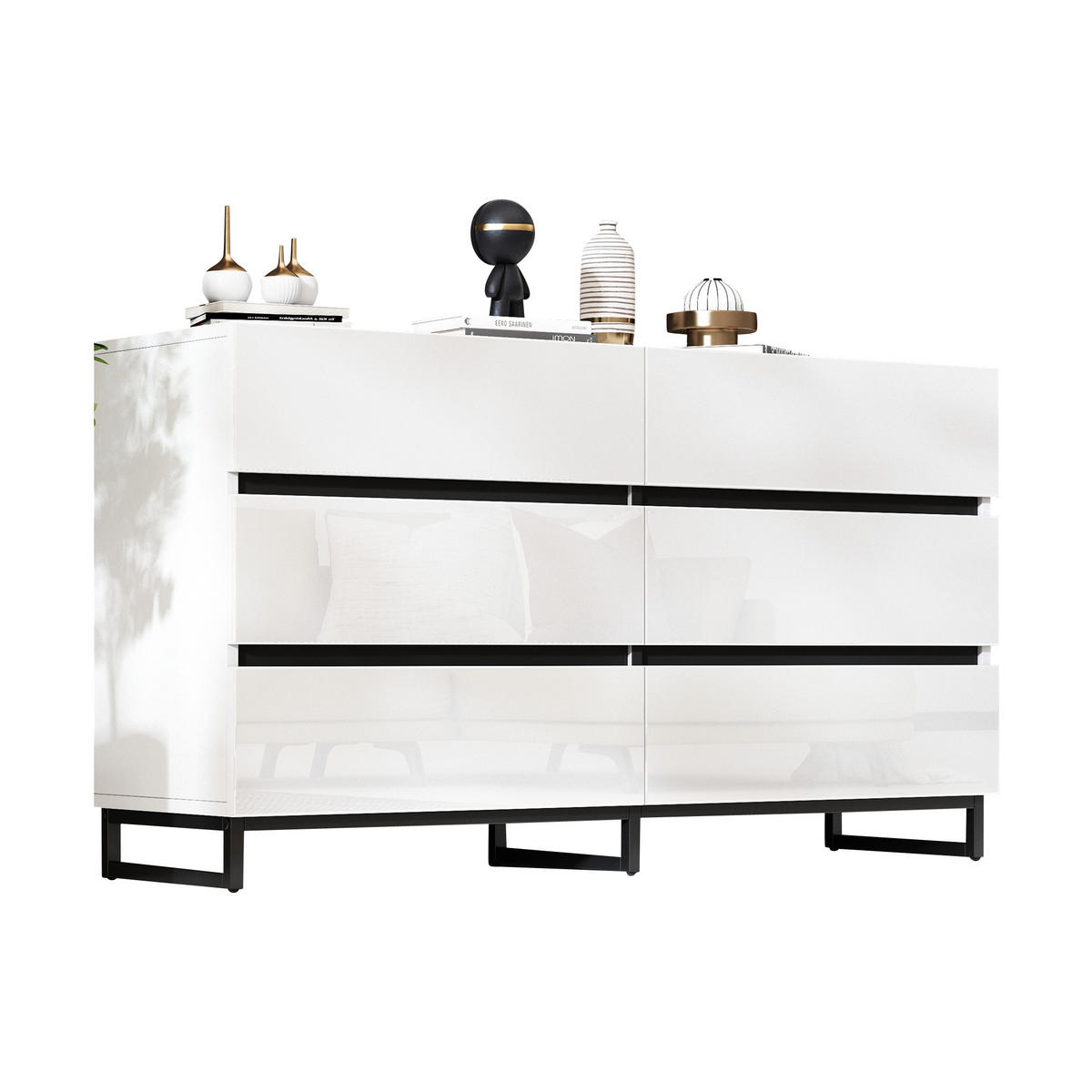 SIDEBOARD 140/39,5/78,5 cm, 6 Schubladen, Hochglanz-Fronten, Weiß/Schwarz - Weiß, Holzwerkstoff (140/78.5/39.5cm) - Redom