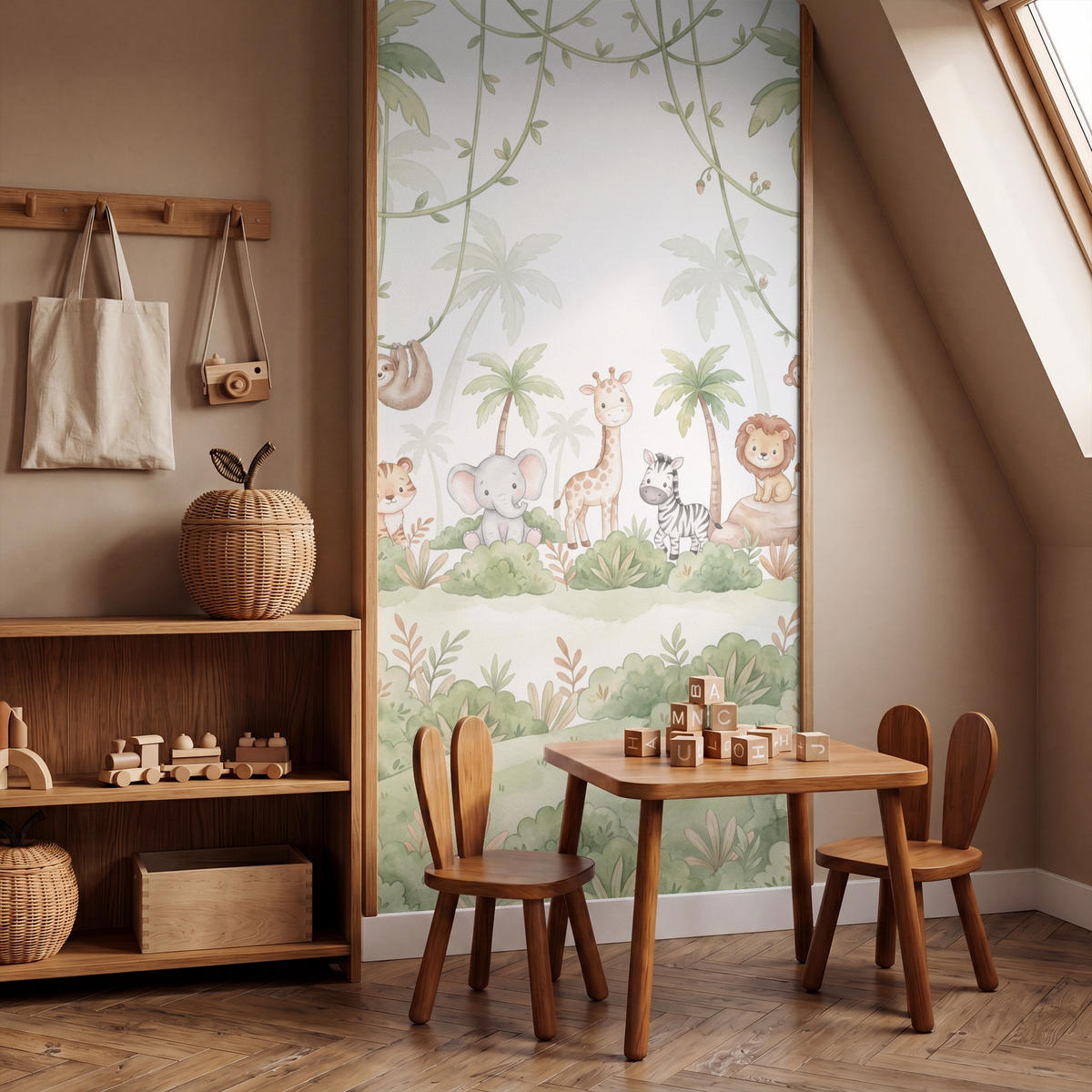 KINDERTAPETE - Tiere - Dschungel - Pastell - 100x200 cm - Weiß, Papier (100/200cm) - OnlyWow
