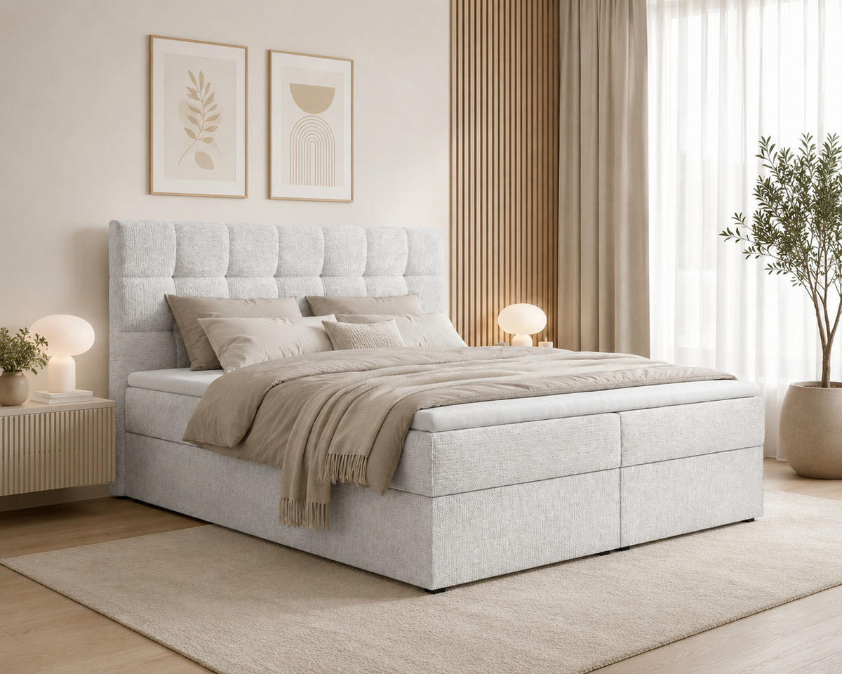 BOXBETT - Bett 05 OSLO - Aragon - 140x200 cm - mit Bettkasten und Komfort-Topper - Weiß, Holz (140/200cm) - ROYAL24_MARKT
