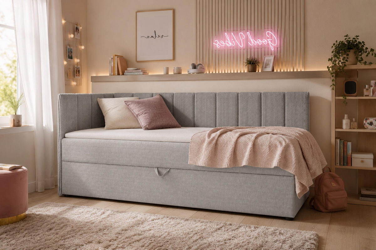 BOXBETT VIGO 90/200 cm in Cord/Velours Hellgrau H4 links - Hellgrau, Holz/Holzwerkstoff (90/200cm) - Deine Möbel 24