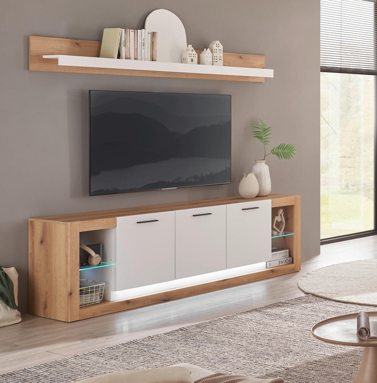 TV-LOWBOARD weiß matt, Evoke Eiche, TV Unterteil Komforthöhe XL-Board - Eichefarben/Silberfarben, Glas/Holzwerkstoff (198/61/43cm) - Furn.Design