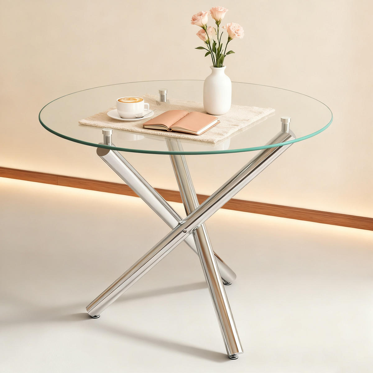 80/76/80 cm Silber aus Glas und Metall mit verstellbaren Gleitern - Silberfarben, Metall (80/80/76cm) - OKMYHOME