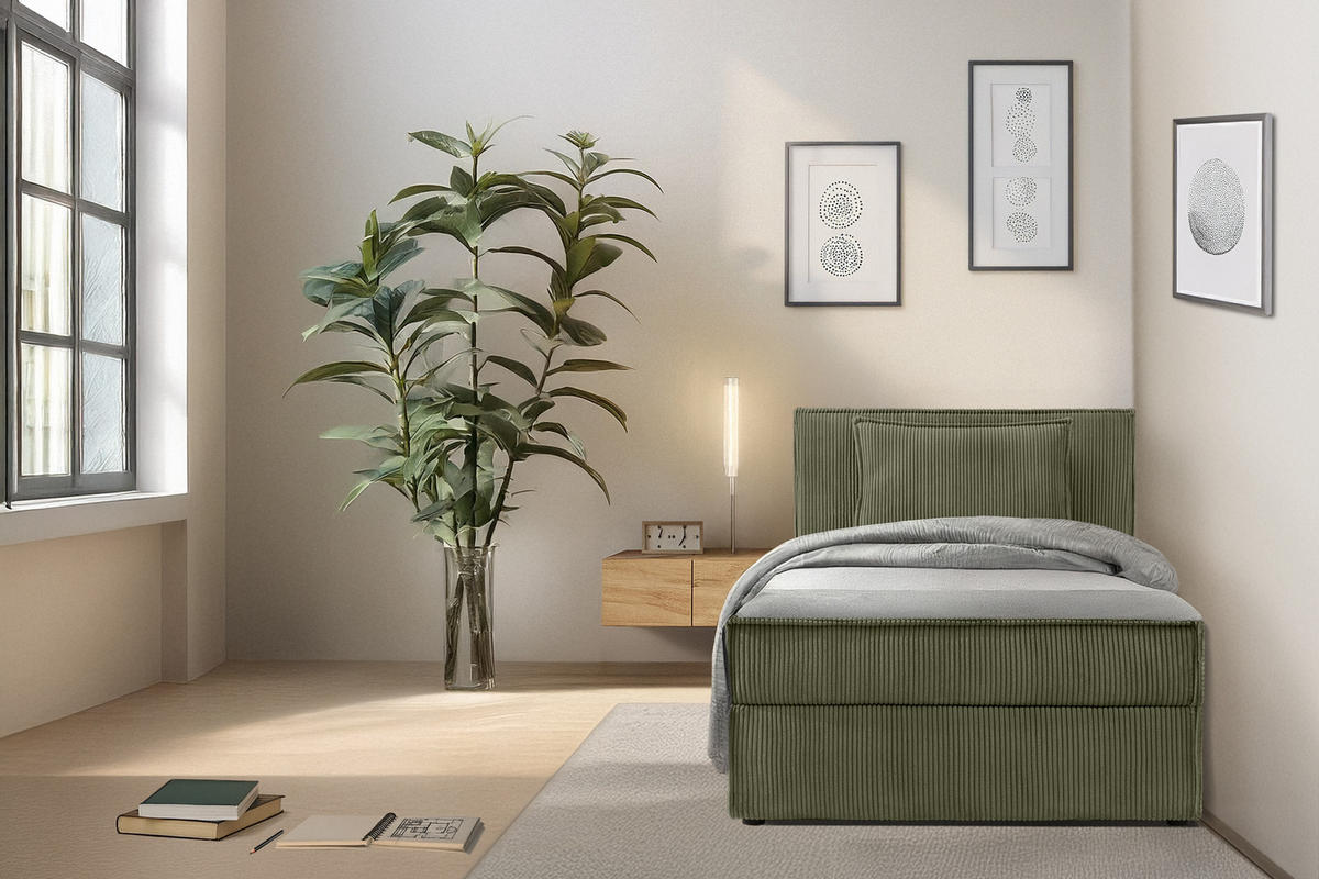 BOXSPRINGBETT ROTI Einzelbett, oliv - Schwarz/Olivgrün, Holz/Holzwerkstoff (90/200cm) - KONSIMO®