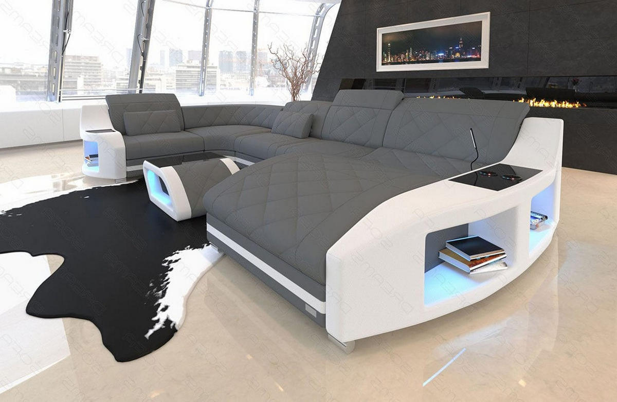 WOHNLANDSCHAFT Stoff Sofa Swing U Form Grau Weiß Mikrofaserstoff - Grau, Kunststoff (404/90/220cm)