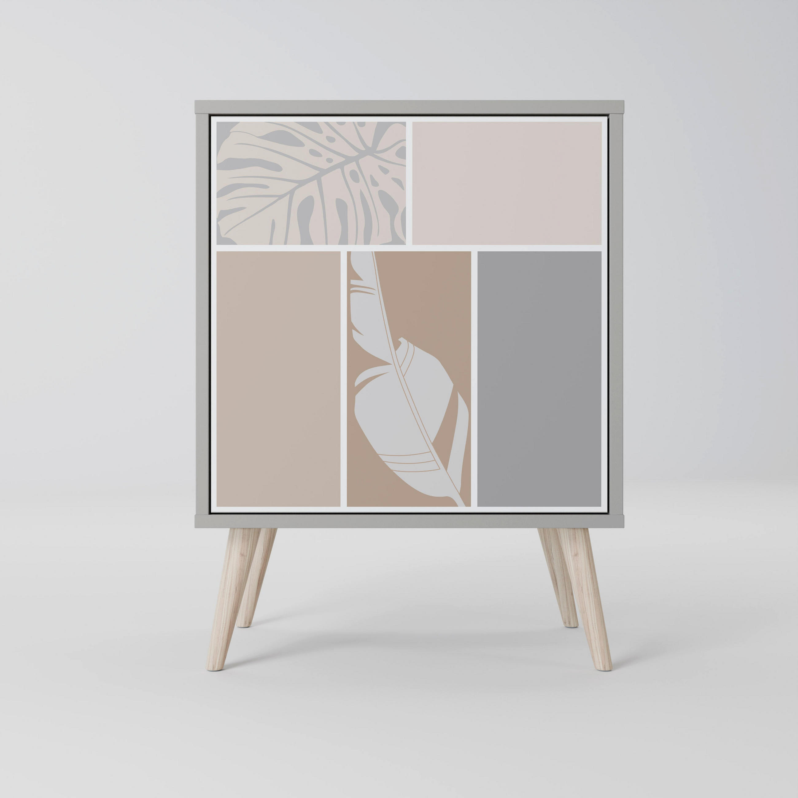 SIDEBOARD TROPICAL SHAPES, Grau, 57,5x42x77,5 cm, Schräge Buchenholzfüße - Buchefarben/Multicolor, Holzwerkstoff/Buchenholz (57.5/77.5/42cm) - SpaceRebels