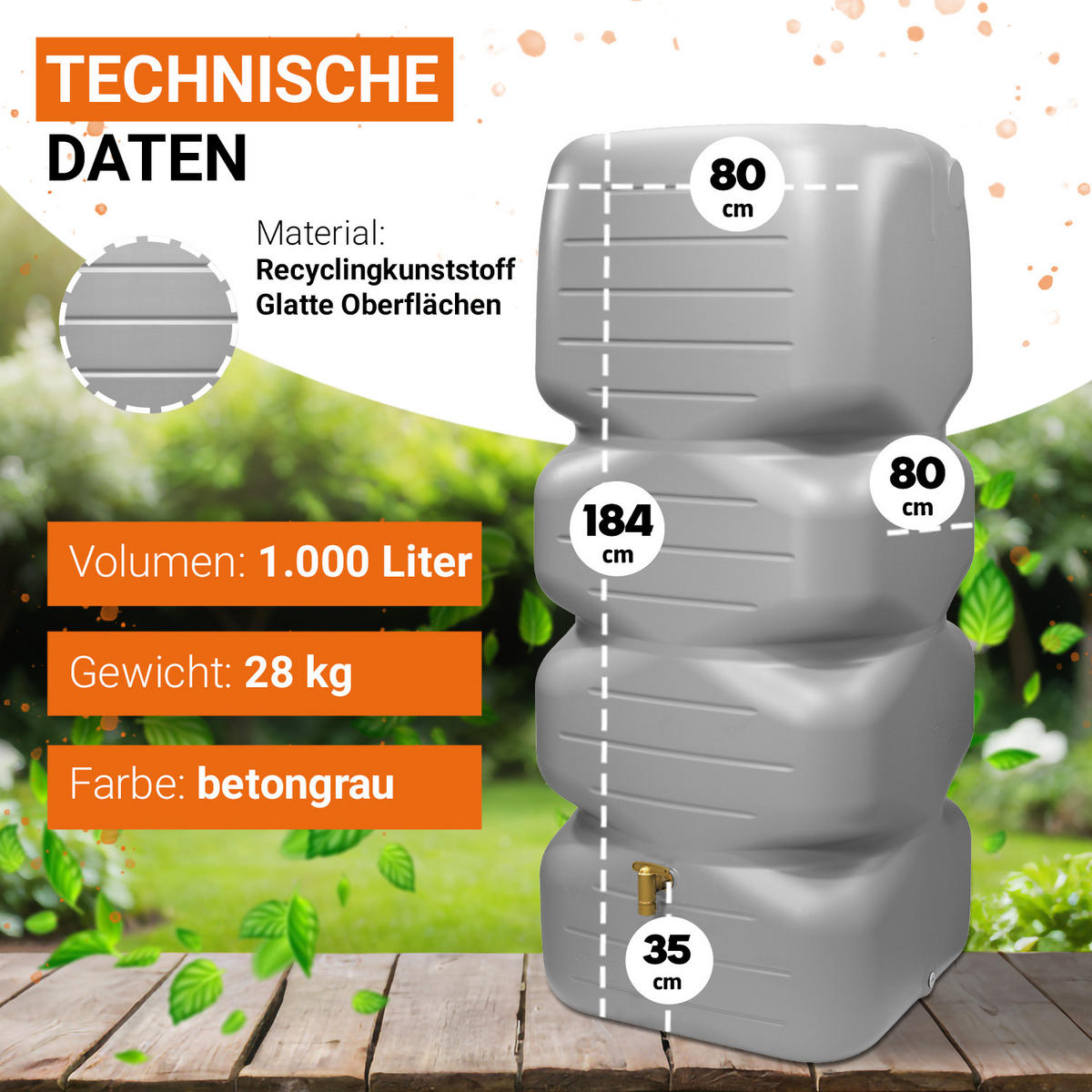 REGENTONNE Komplett-Set 1000 L, betongrau inkl. Kunststoff-Auslaufhahn und Fallrohranschluss - Grau, Kunststoff (80/184/80cm) - GARANTIA