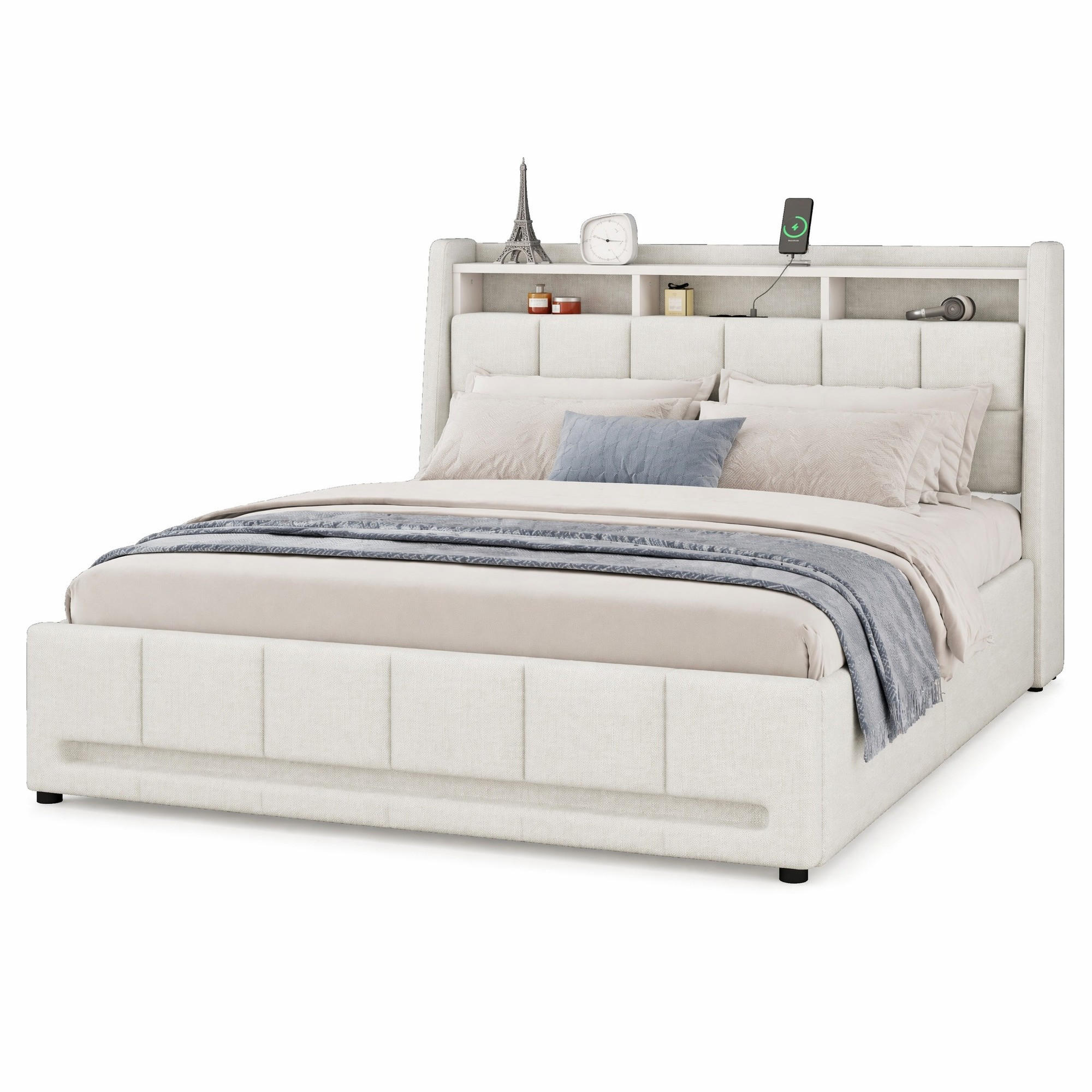 POLSTERBETT 140/200 cm in Beige Leinen mit 2 Schubladen, LED und USB - Beige, Holzwerkstoff/Textil (140/200cm) - CHICFURN