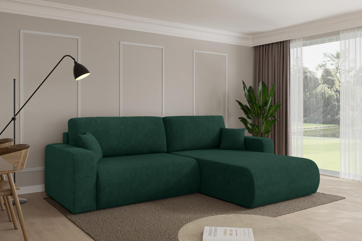 ROHOVÁ SEDAČKA s funkcí spaní, otoman vpravo BERY-L 276x193x88 zelená velur - černá/zelená barva, kompozitní dřevo/textil (276/193cm) - ALTDECOR
