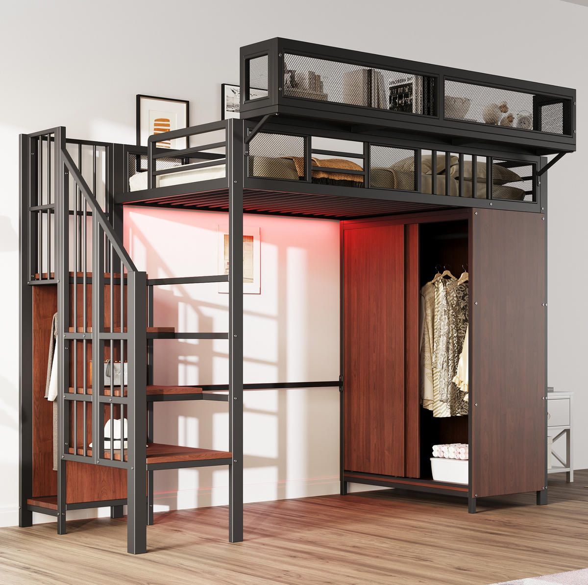 HOCHBETT 90/200 cm Schwarz aus Metall, Sperrholz und MDF mit Kleiderschrank und LED-Beleuchtung - Schwarz, Metall (90/200cm) - OKMYHOME