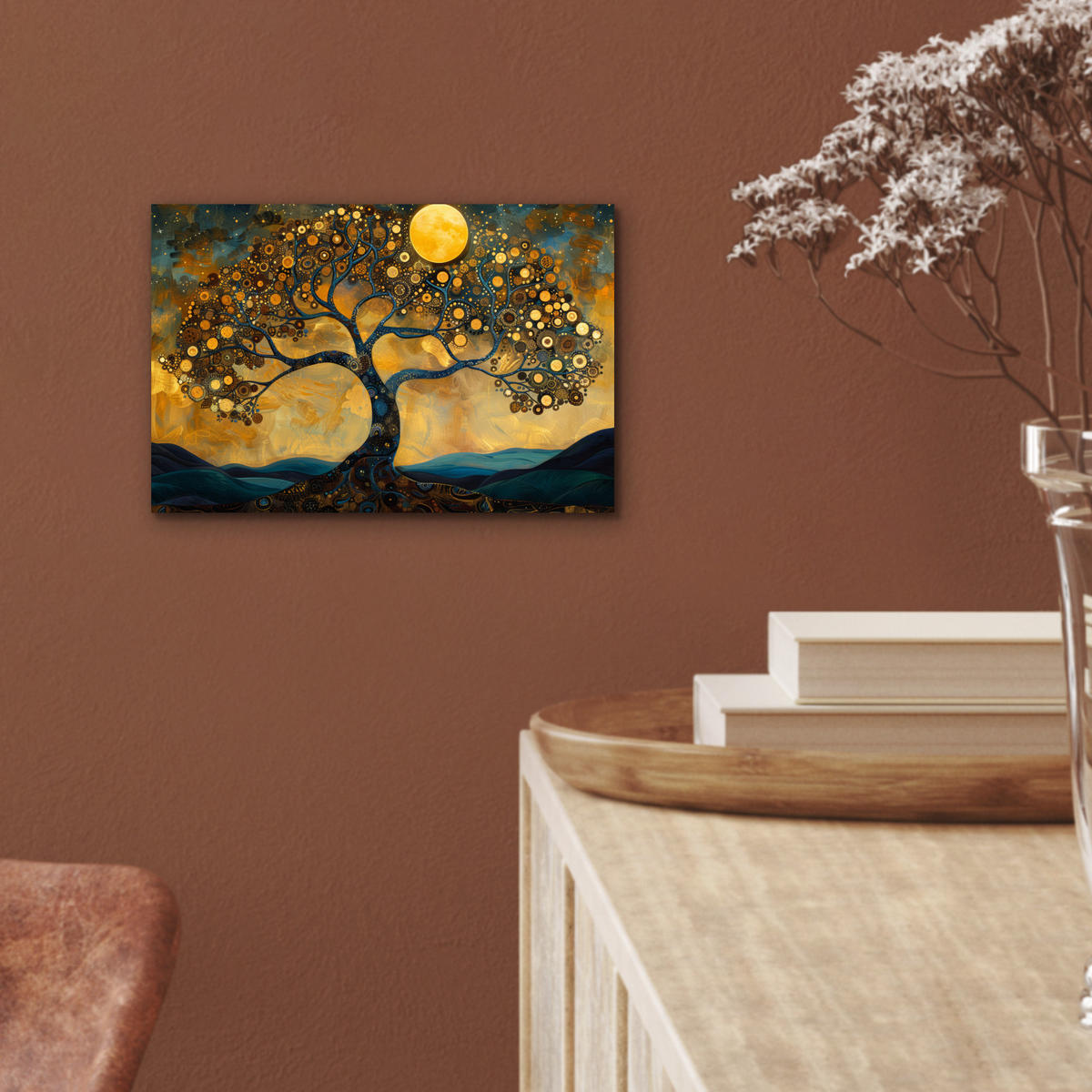 METALLBILD Baum - Mond - Blumen - Gold - Kunst 30x20 cm - Orange, Metall (30/20cm) - MuchoWow