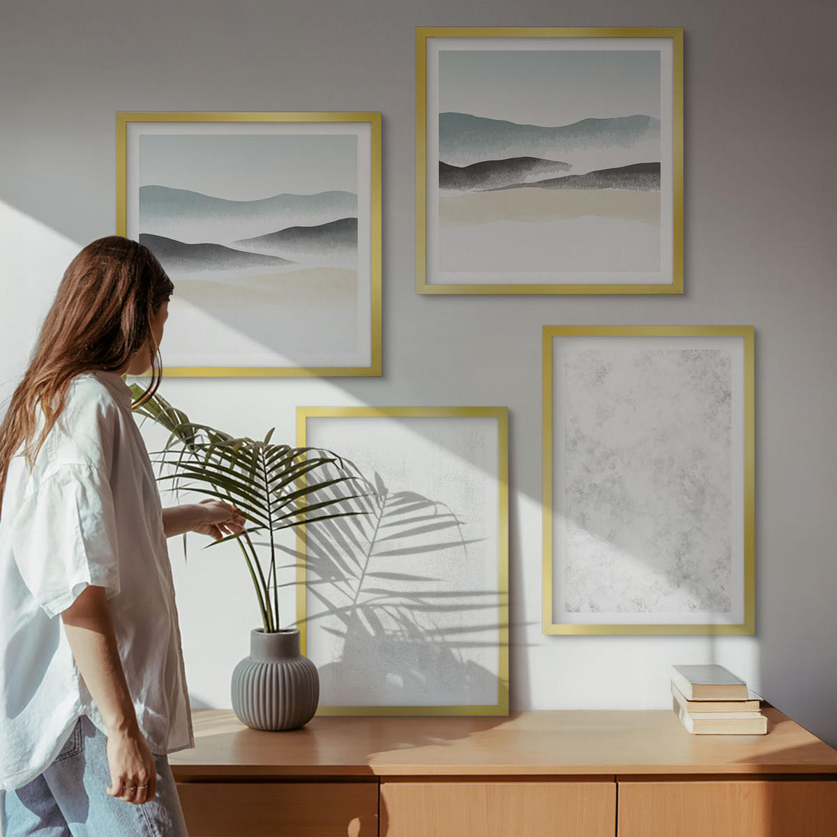 WANDBILDER 4er Set - 50x50 cm & 40x60 cm Goldrahmen - Weiße Flecken auf Leinwandhintergrund - Goldfarben, Kunststoff (50/50cm) - ArtPrintCave