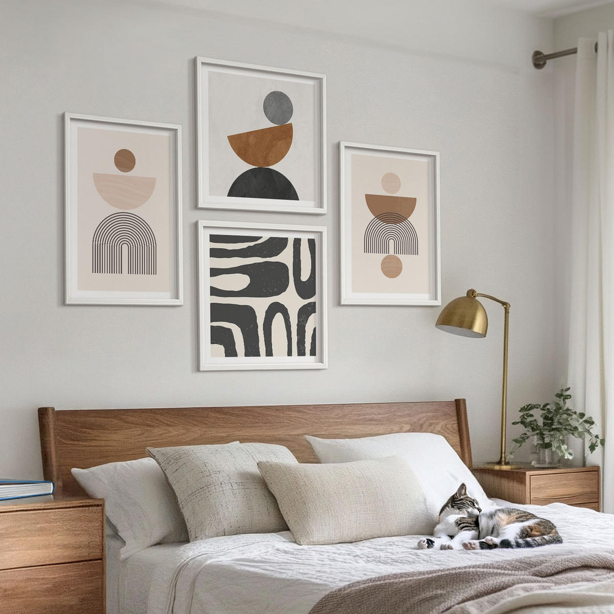 WANDBILDER 4er-Set - 50x50 cm & 40x60 cm Weißer Rahmen - Abstraktes Boho-Design - Weiß, Kunststoff (50/50cm) - ArtPrintCave