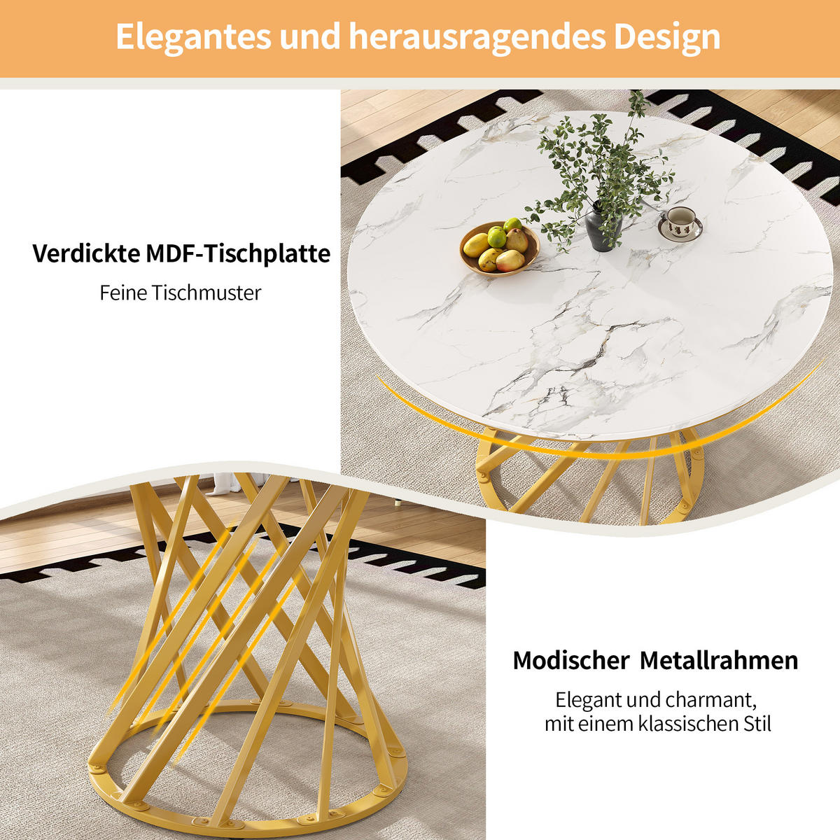 ESSTISCH 80/80/76 cm Weiß Gold runder Tisch mit marmorierter MDF-Platte und Metallbeinen - Goldfarben, Holzwerkstoff (80/80/76cm) - OKWISH