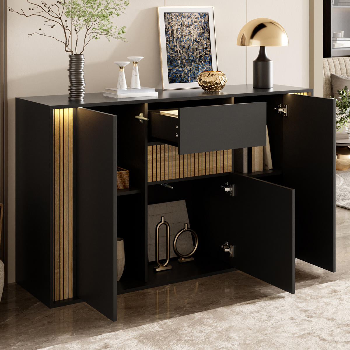 SIDEBOARD 140x40x82cm Schwarz mit LED und 3 Türen - Schwarz/Naturfarben, Holzwerkstoff (140/82/40cm) - FLIEKS